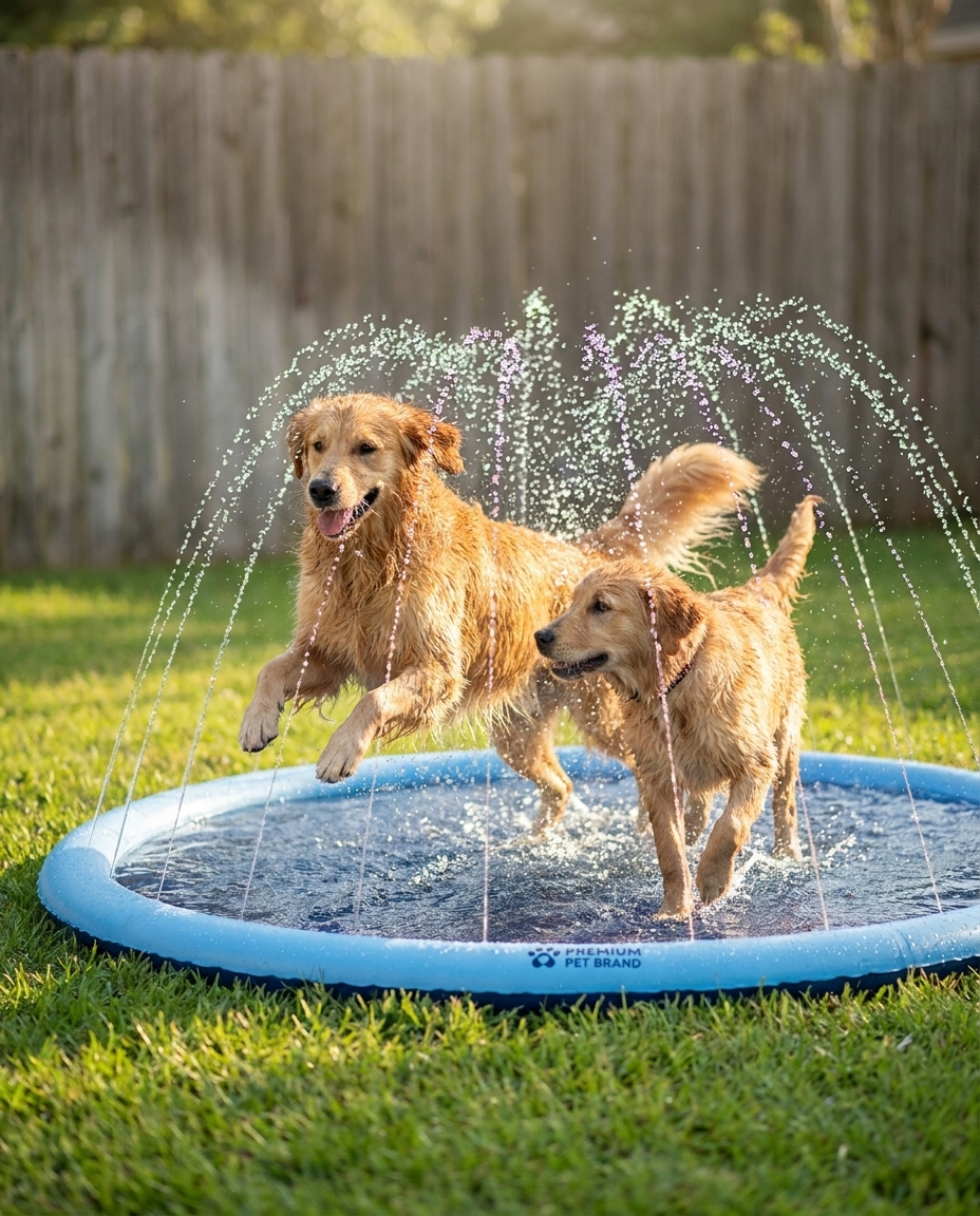 Two dogs playing on a blue splash pad spraying water on a summer day