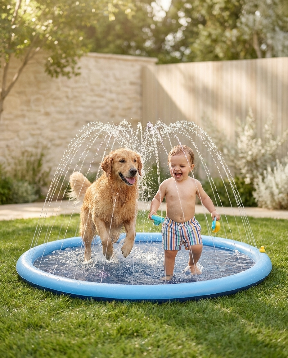 Child and dog playing together on a blue water splash pad in a garden