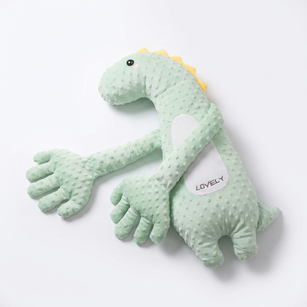 Green dinosaur baby soothing pillow with hugging arms