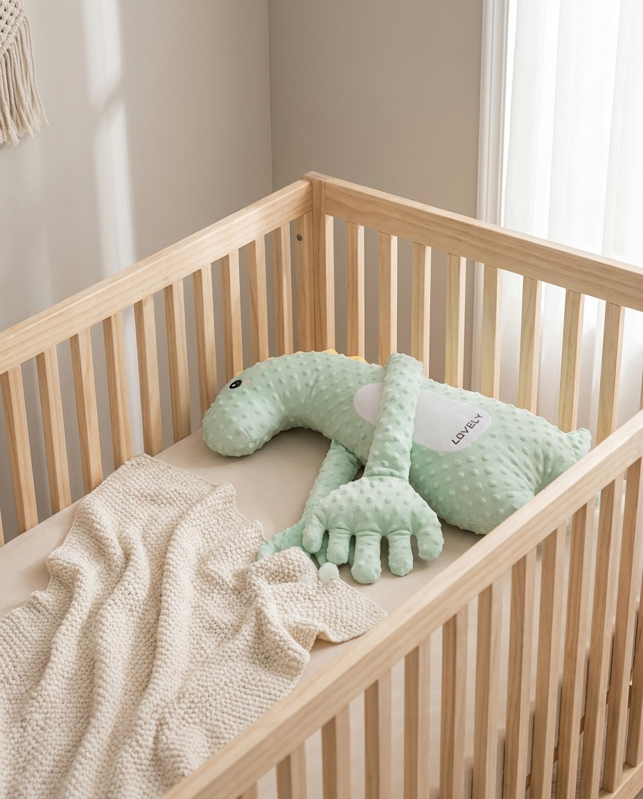 Dinosaur baby pillow resting in a nursery crib