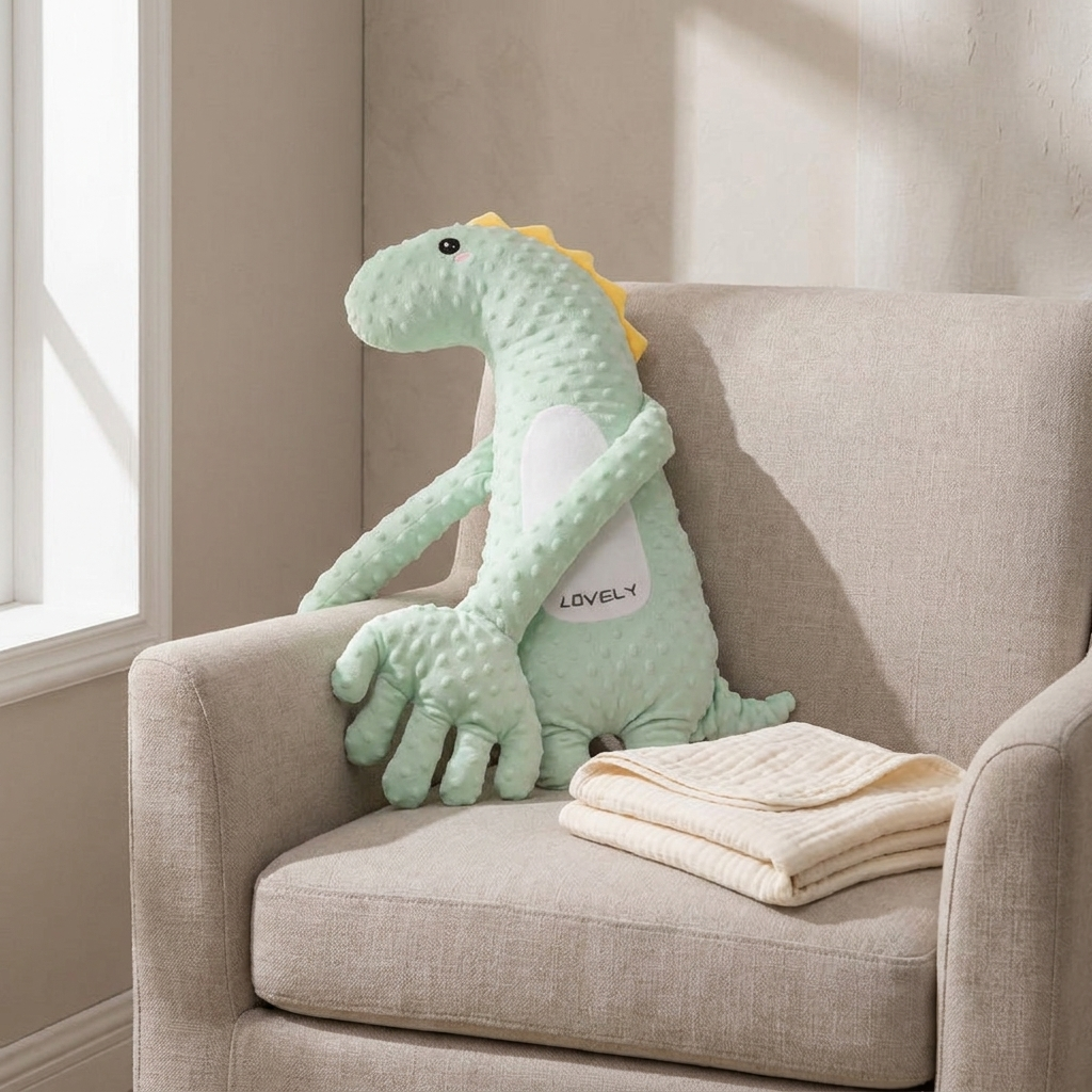 Dinosaur baby pillow on a nursery armchair with muslin blanket