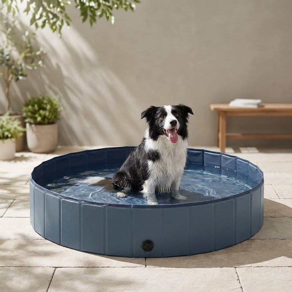 Happy dog sitting in a water-filled gray-blue foldable pool on a patio