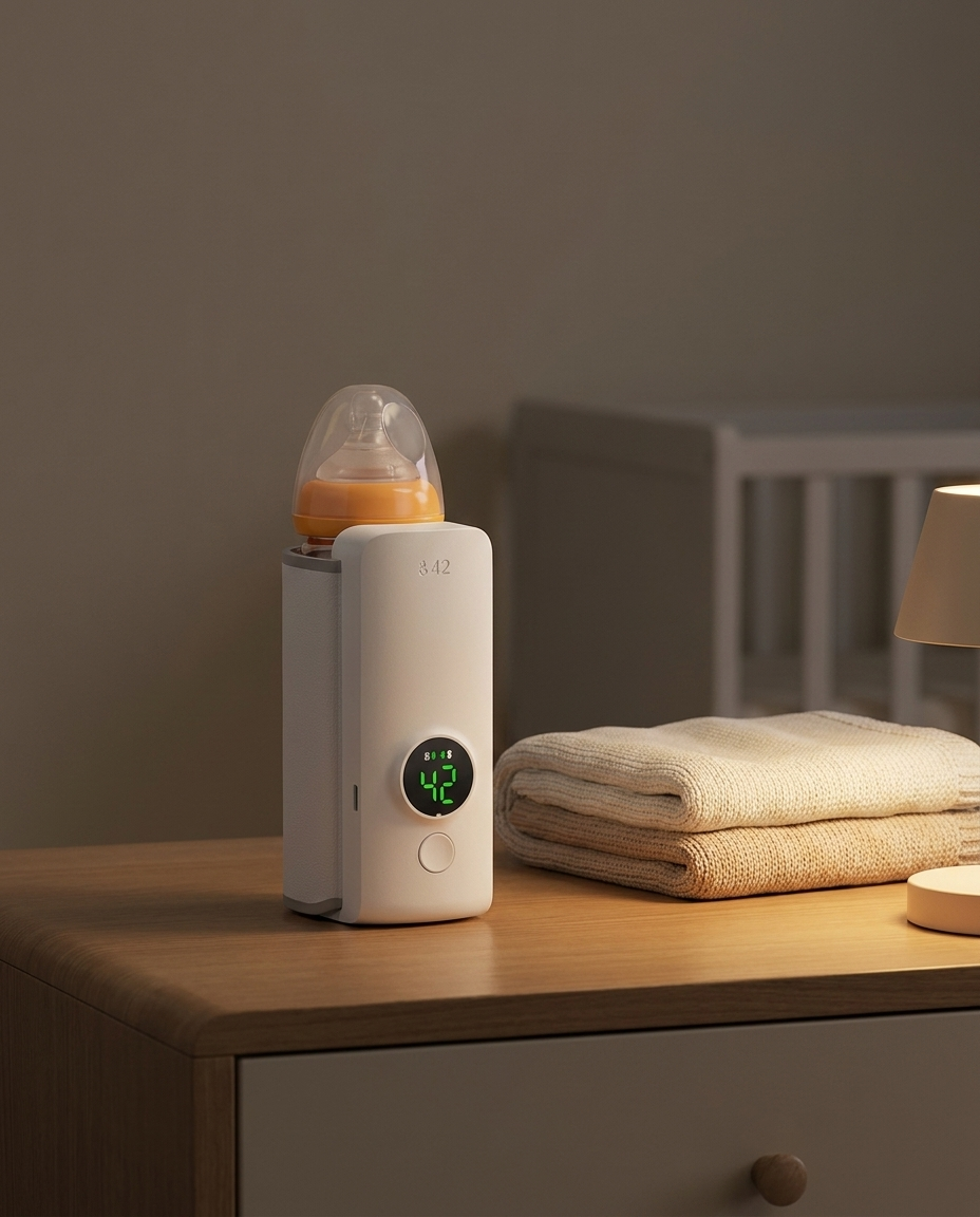Baby bottle warmer on a nightstand for nighttime feeds