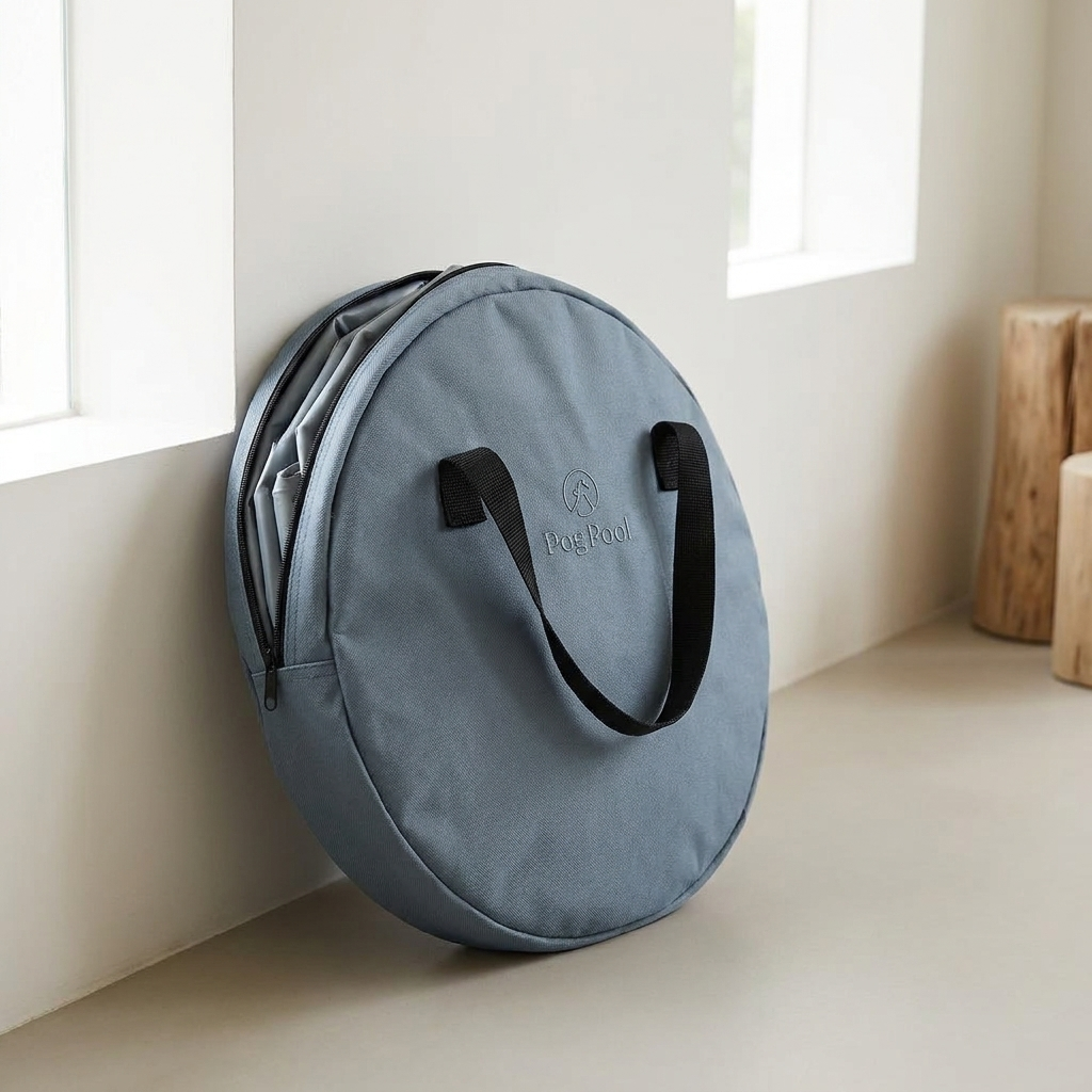 Gray-blue foldable dog pool folded into its included zipper carry bag