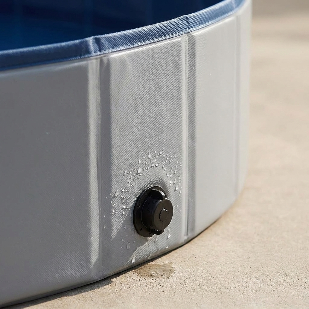 Close-up of the drain plug and thick reinforced wall of the dog pool