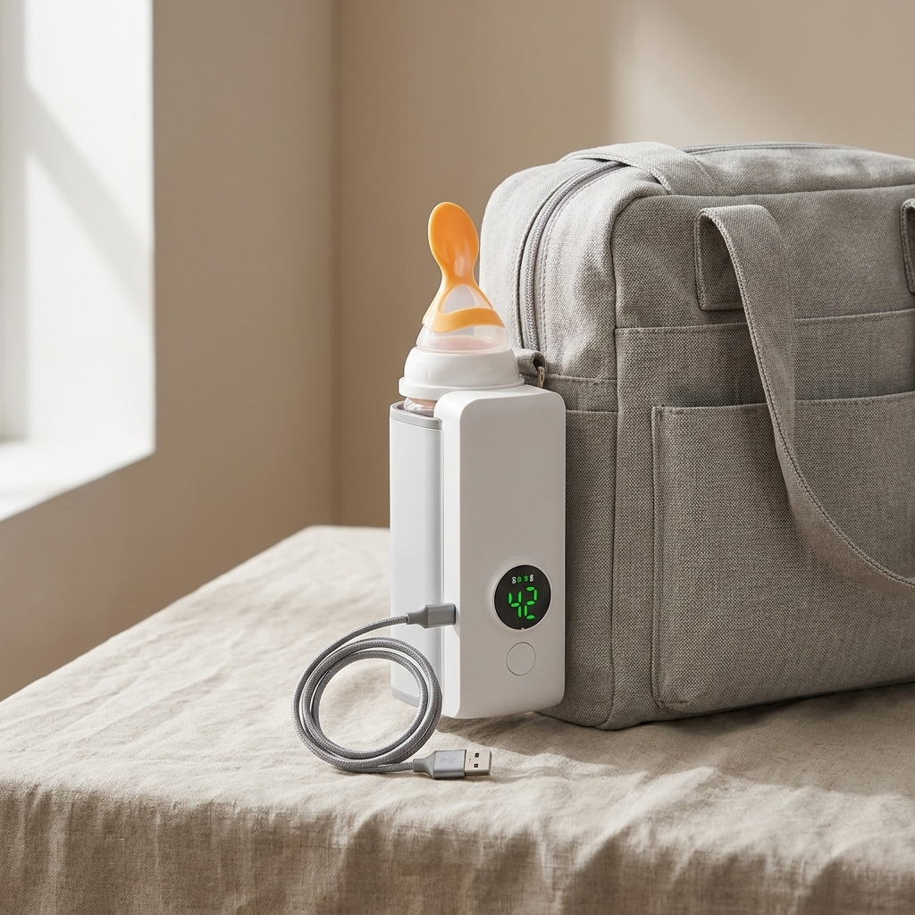 Portable bottle warmer packed in a diaper bag with USB cable