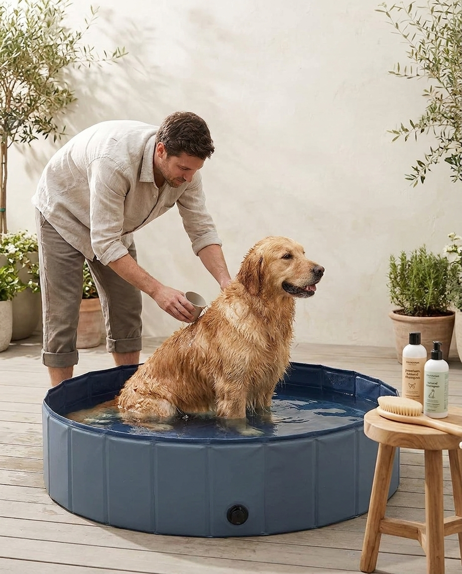 Owner bathing a large dog in a deep gray-blue foldable PVC pool