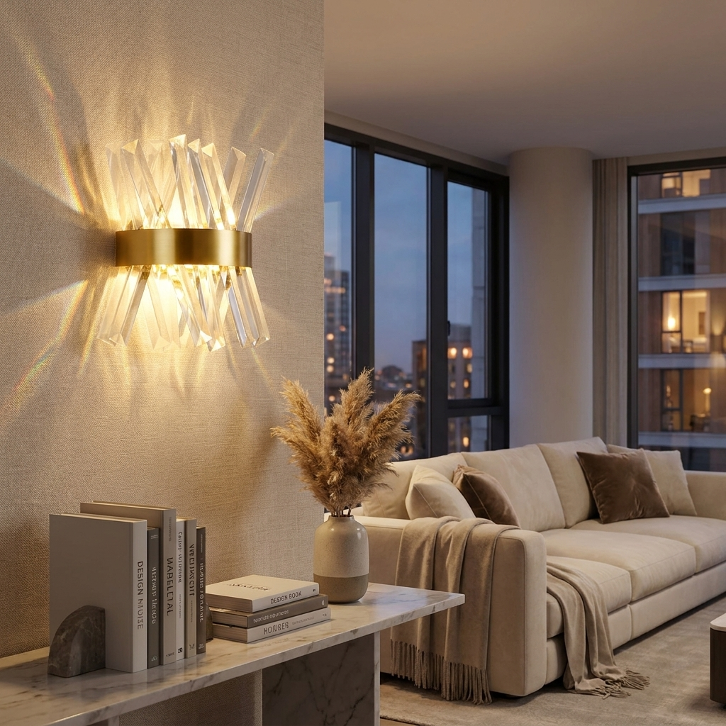 Crystal wall sconce glowing in a luxury living room