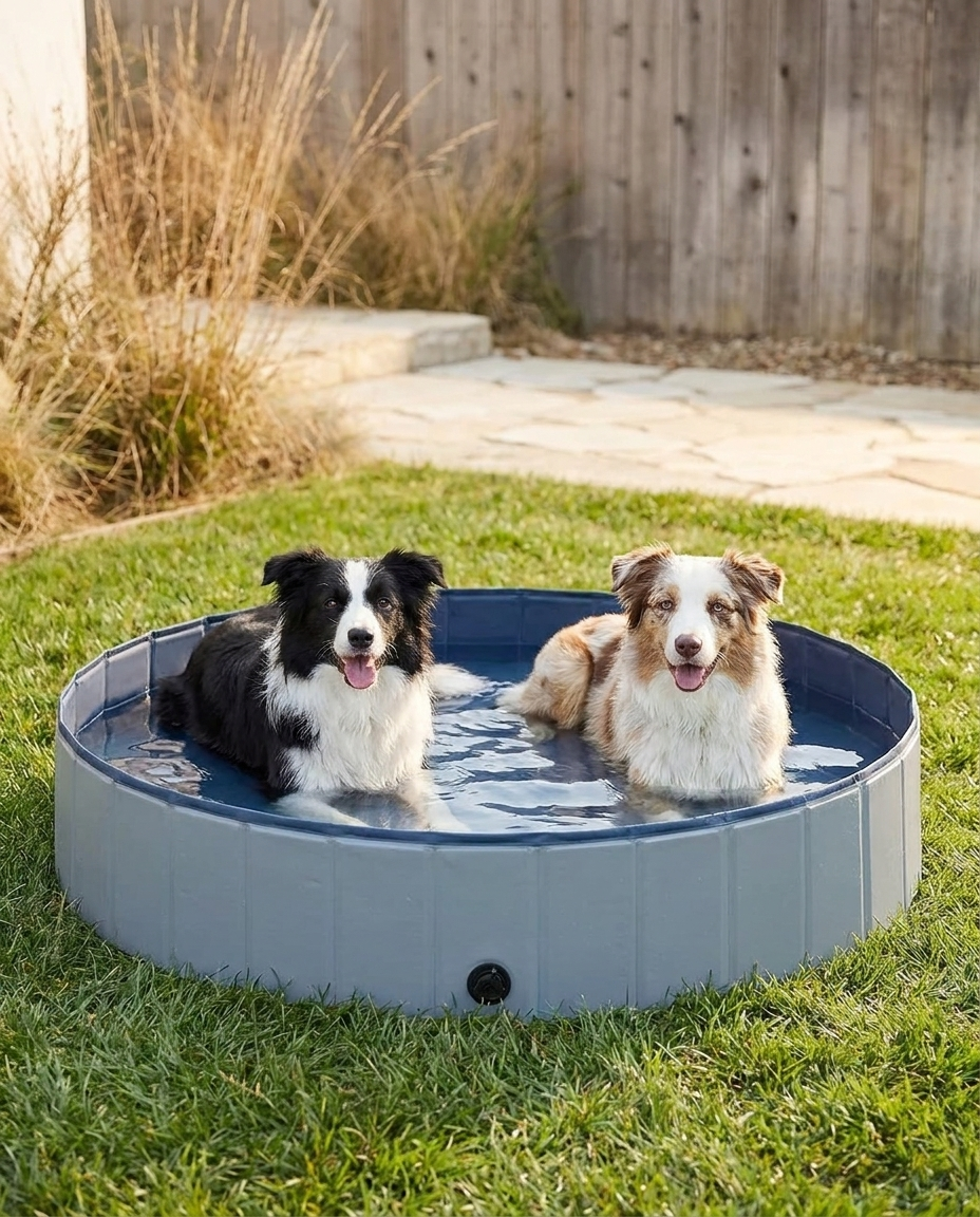 Two dogs relaxing in a deep gray-blue foldable dog pool on a lawn