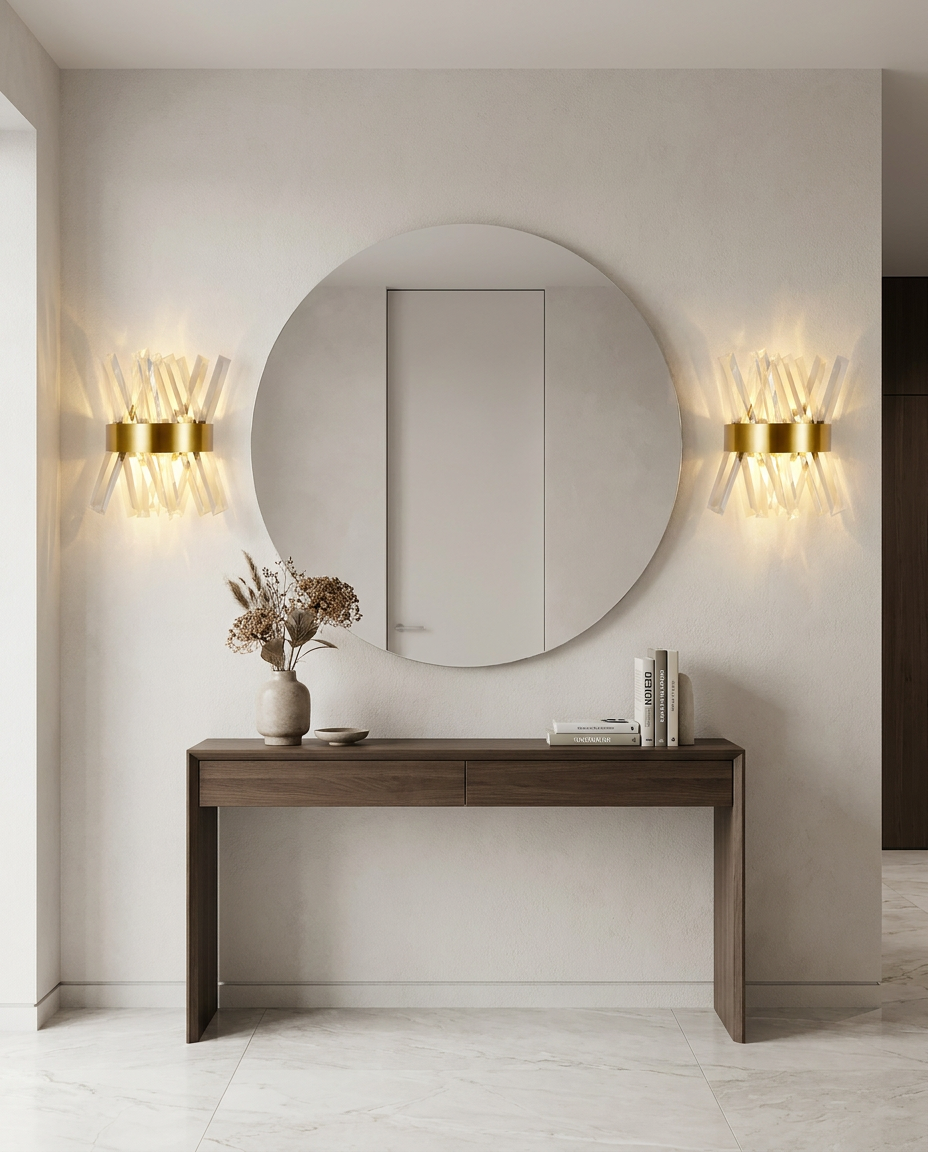 Pair of crystal wall sconces flanking an entryway mirror