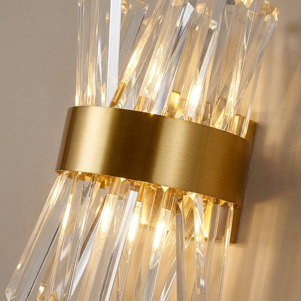 Close-up of faceted crystal rods and gold band