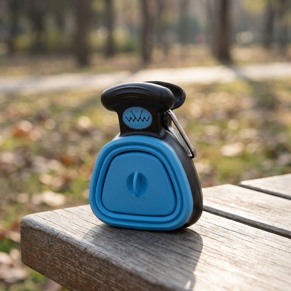 Blue collapsible dog pooper scooper on a wood surface in a park