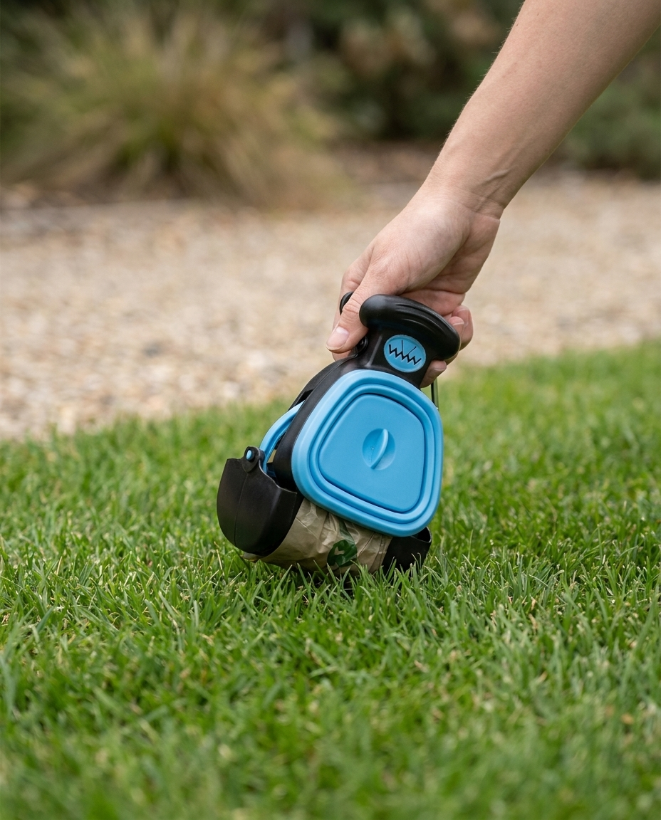 Hand using the blue pooper scooper one-handed on a lawn