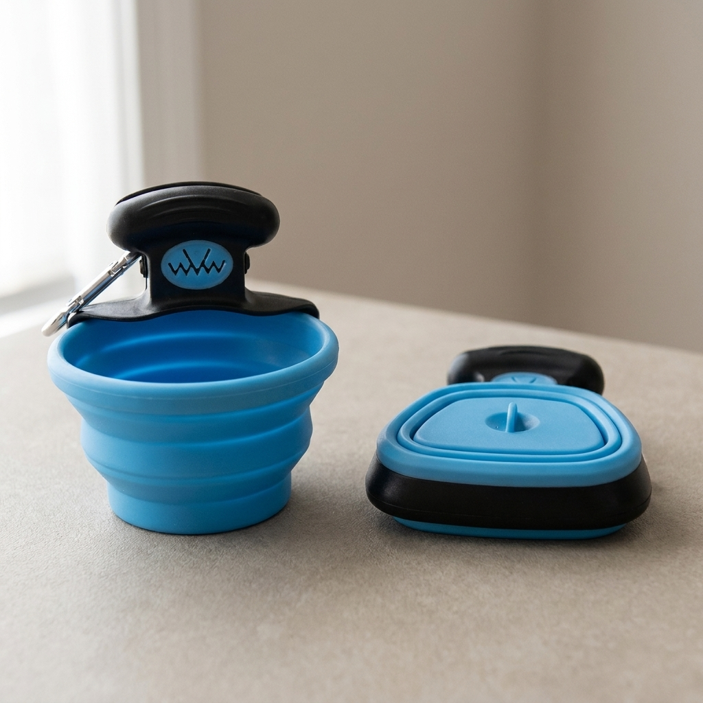 Close-up of the collapsible silicone scoop cup expanded and folded
