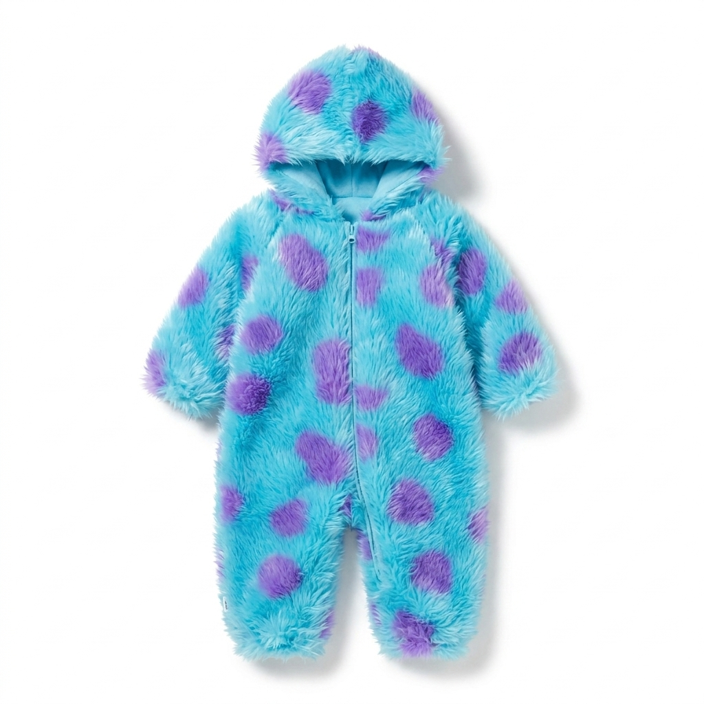 Fuzzy blue and purple hooded baby jumpsuit flat lay