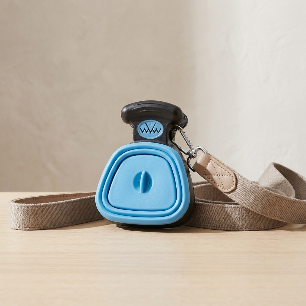 Folded pooper scooper clipped by its carabiner to a dog leash
