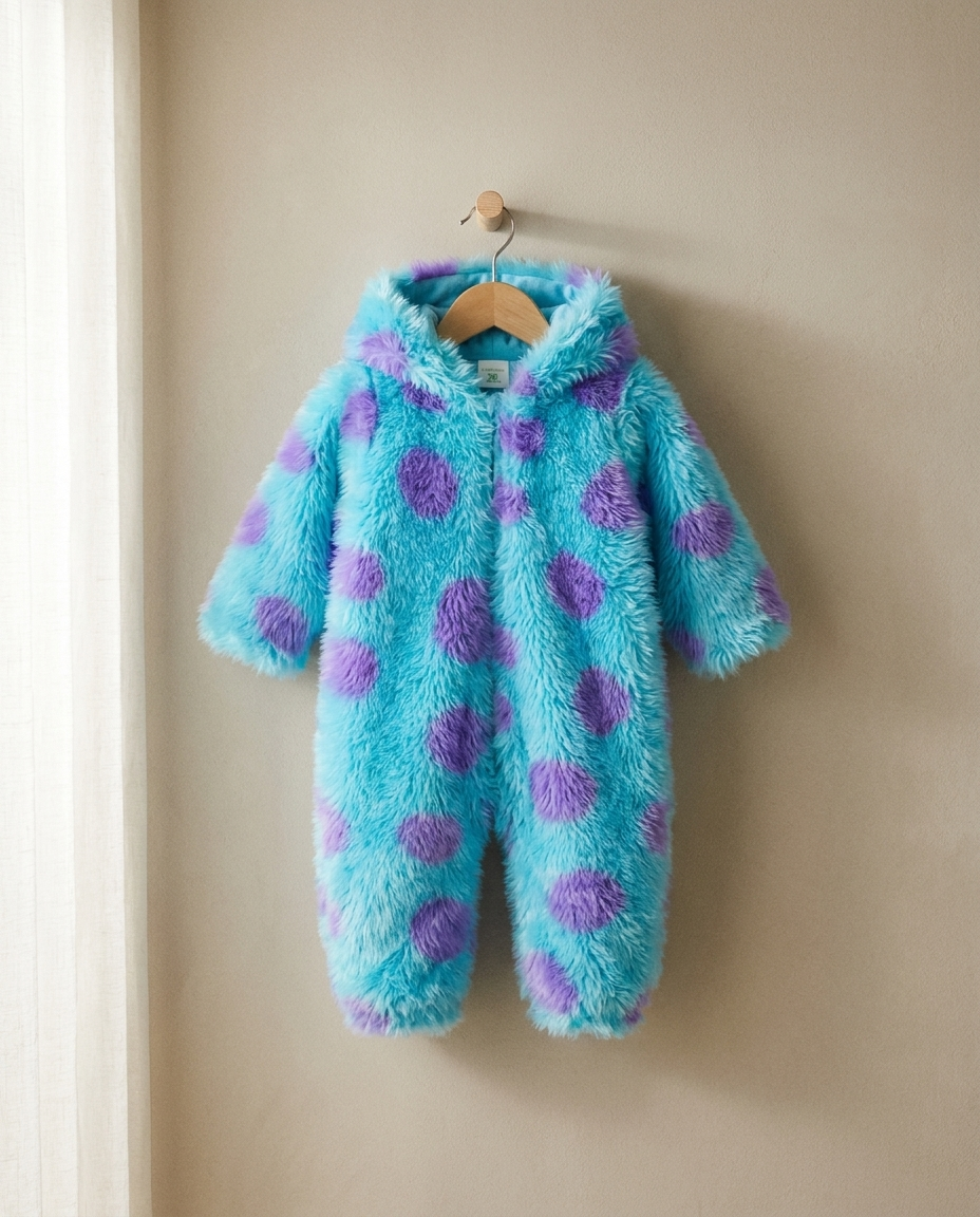 Hooded baby jumpsuit on a hanger in a nursery