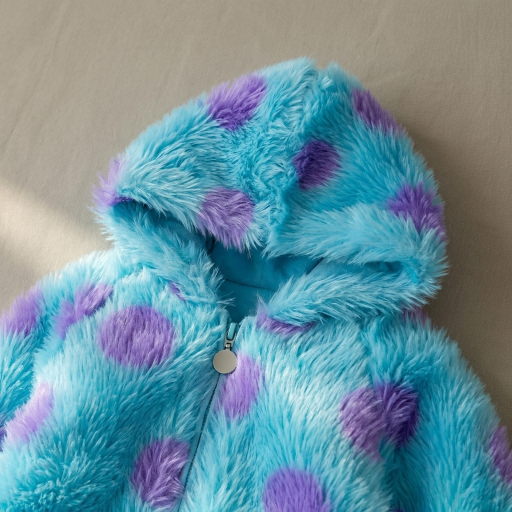 Close-up of plush fabric and zipper on the baby jumpsuit