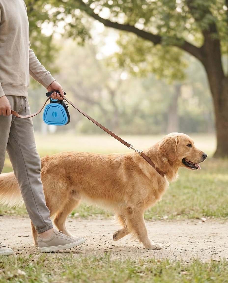 Dog owner on a park walk holding the blue collapsible pooper scooper