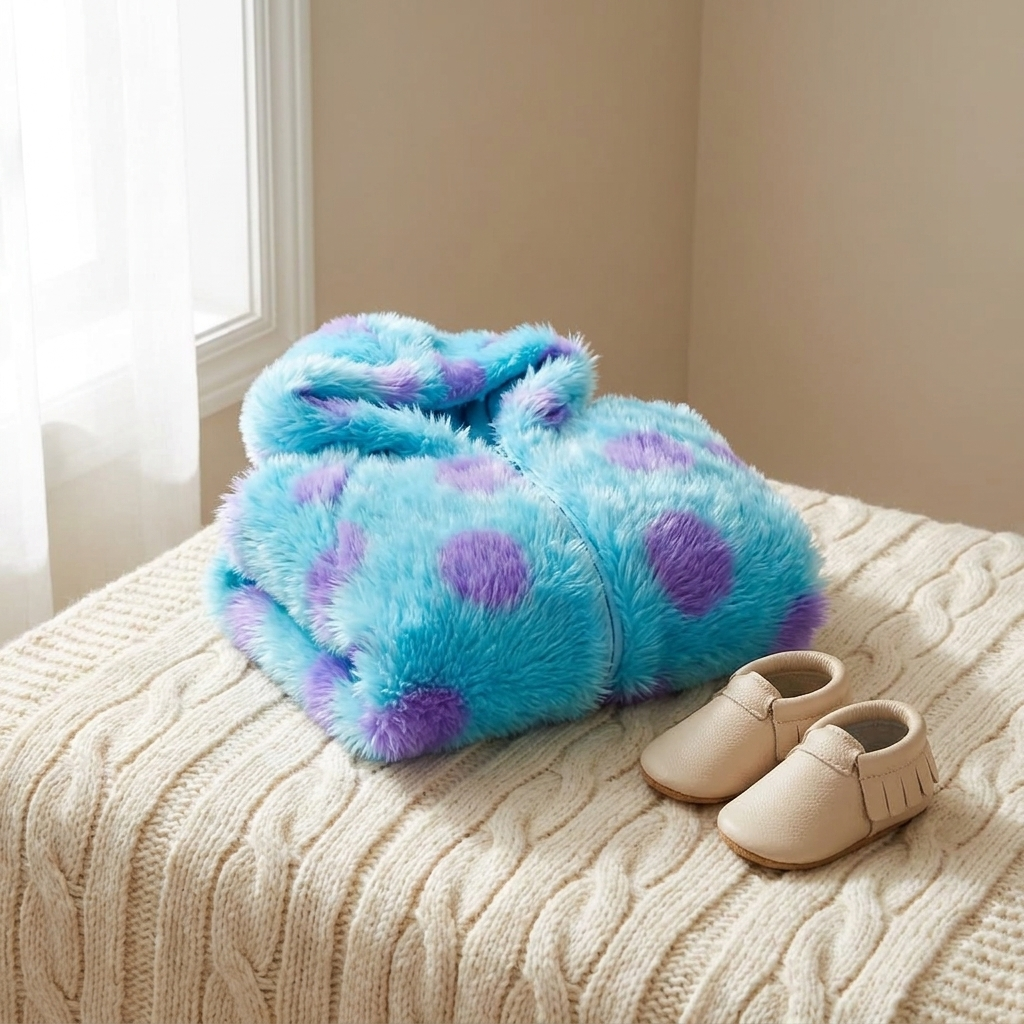 Baby jumpsuit folded on a blanket with baby shoes