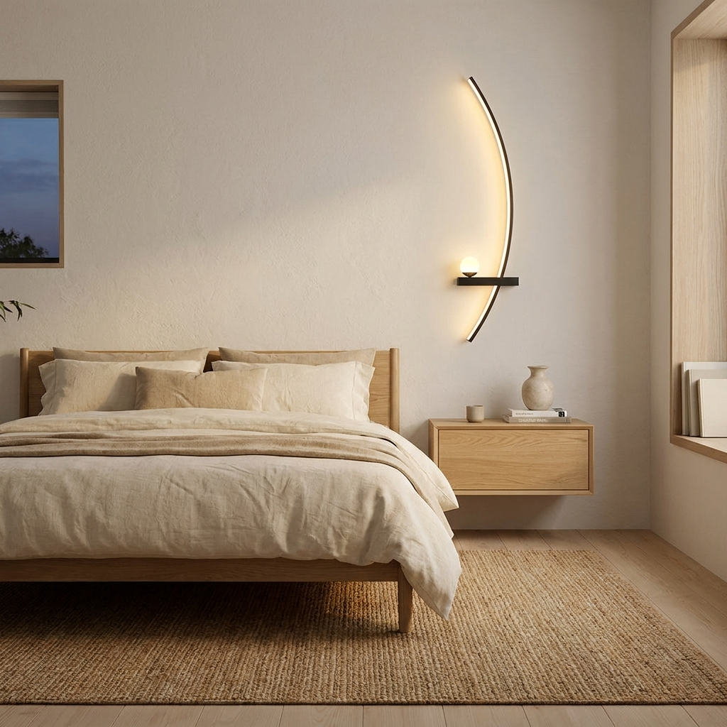 Curved arc wall lamp glowing above a Scandinavian bed