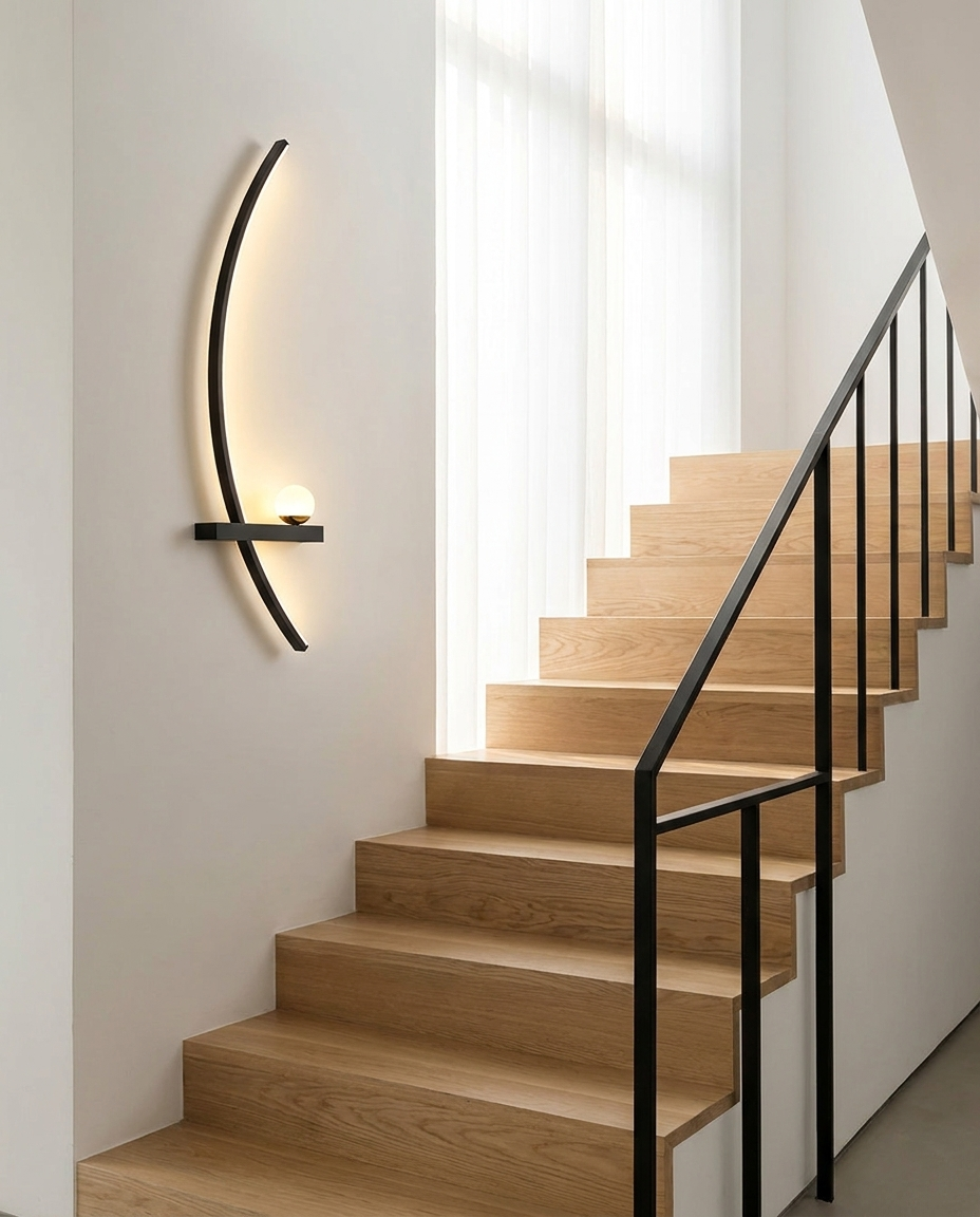 Curved arc wall lamp on a wall beside a modern staircase