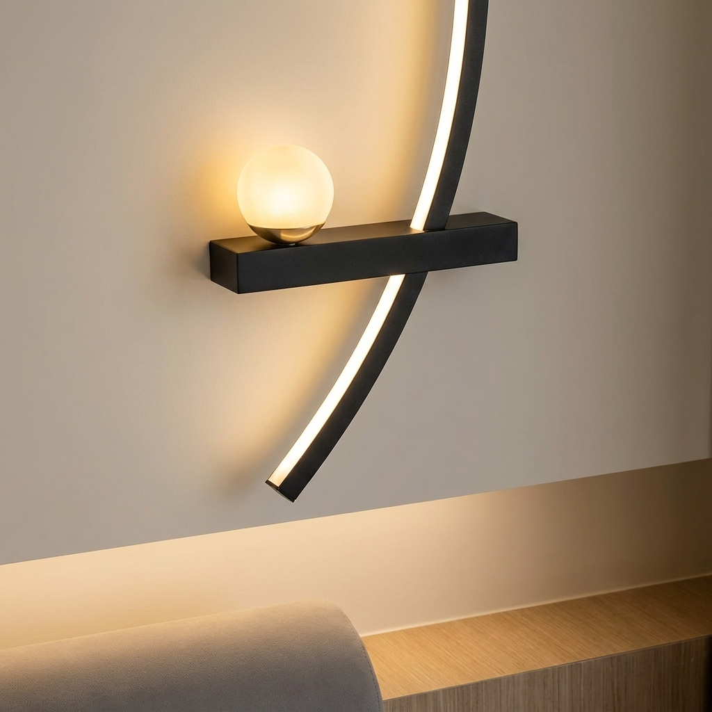 Close-up of the glowing glass globe and curved bar