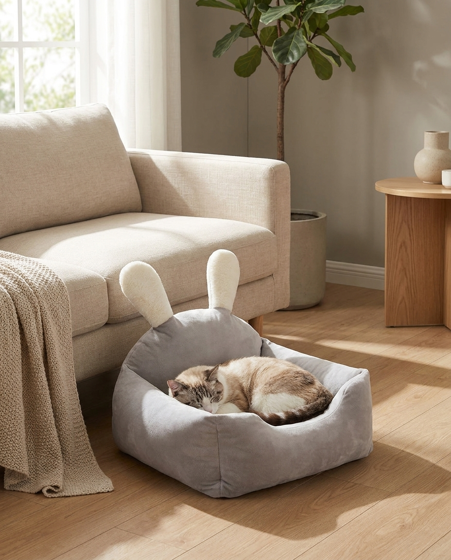 Cat resting in a gray bunny-eared cozy pet bed beside a sofa