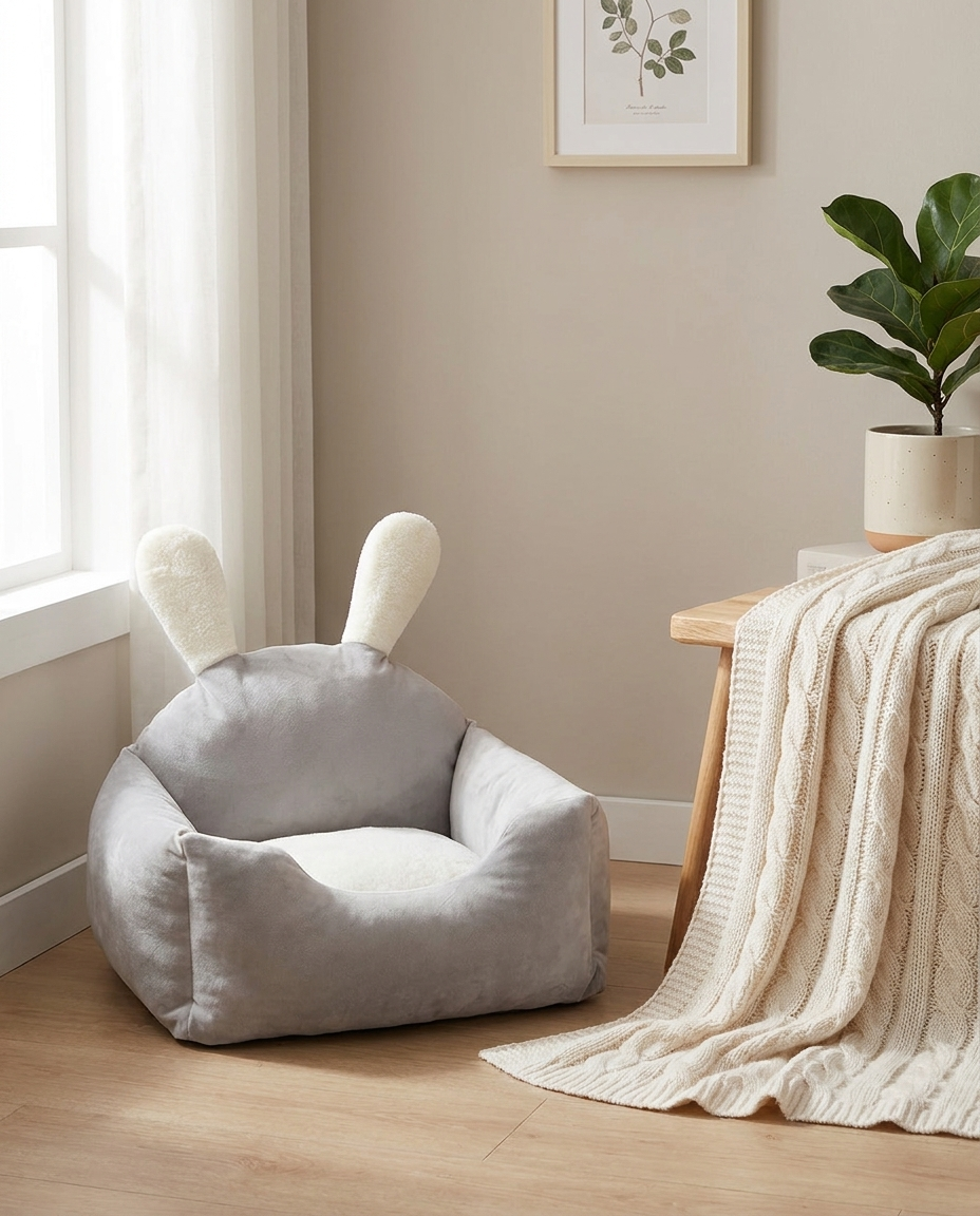 Gray bunny-eared pet bed styled in a cozy bedroom corner