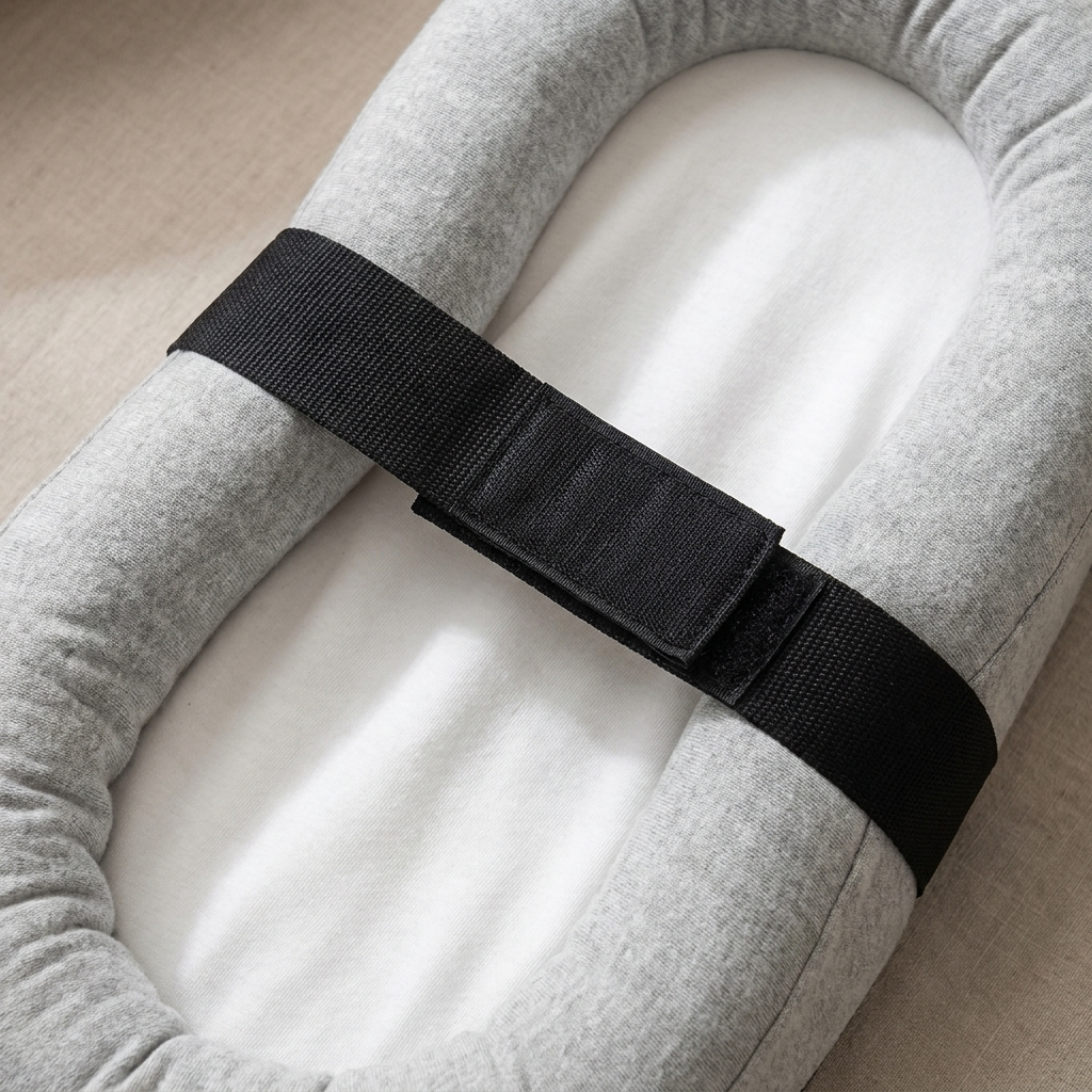 Close-up of soft cotton cover and adjustable safety strap