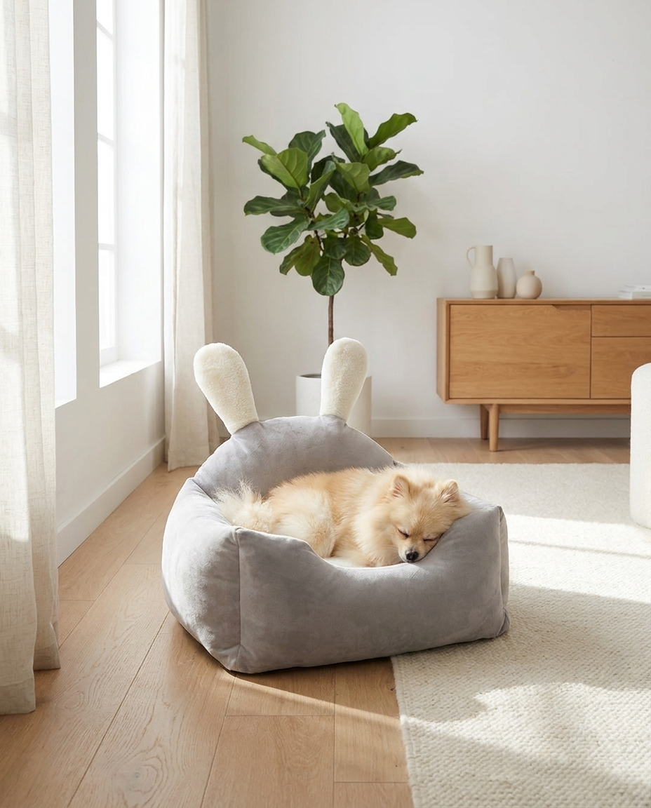 Small fluffy dog curled up sleeping in a gray bunny-eared pet bed