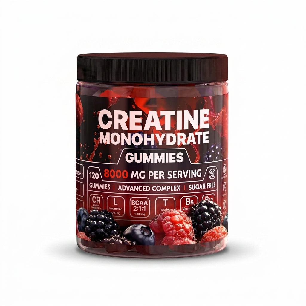 Creatine monohydrate gummies jar white-background product photo
