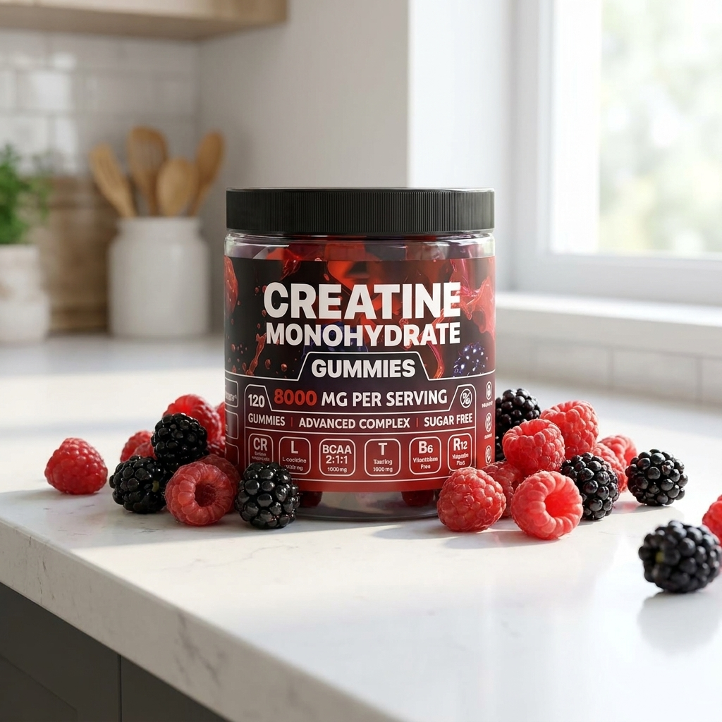 Creatine gummies jar with fresh berries on a kitchen counter