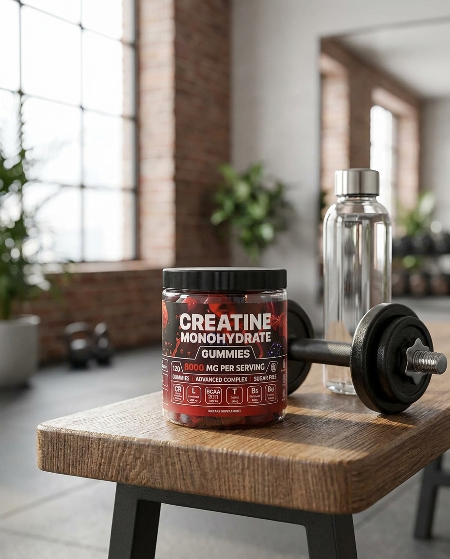 Creatine gummies jar on a gym bench with a dumbbell