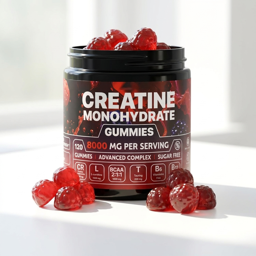 Close-up of red berry creatine gummies spilling from the jar
