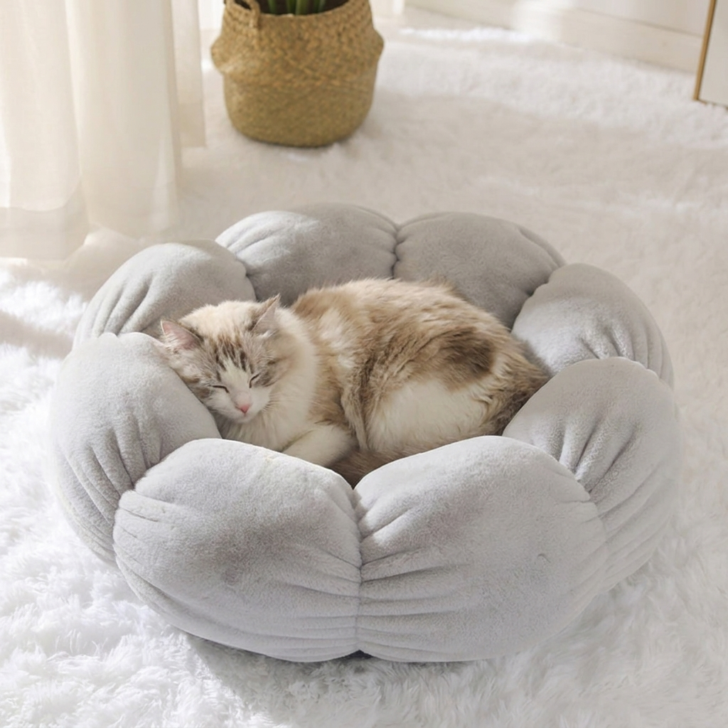 Fluffy cat sleeping curled in a gray flower-shaped plush pet nest