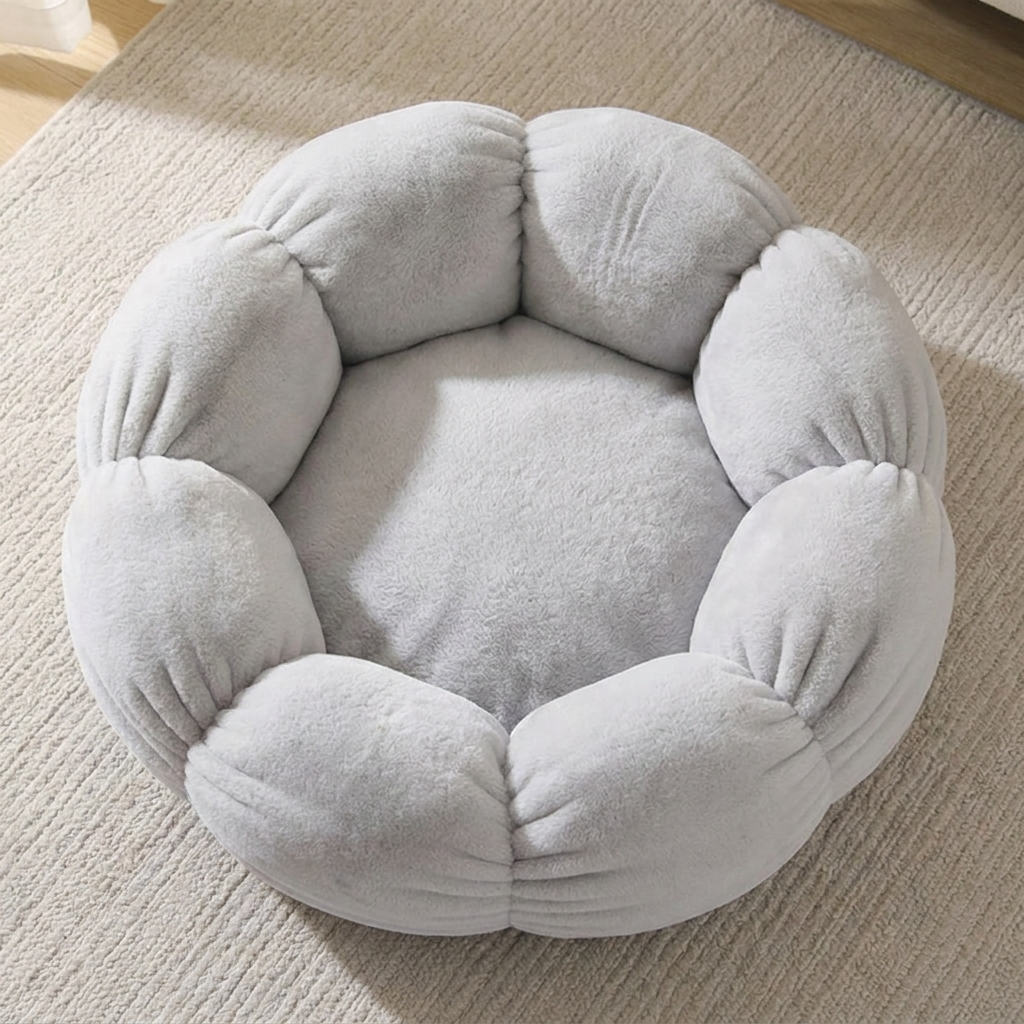 Top-down view of the petal-like padded walls of the flower pet nest