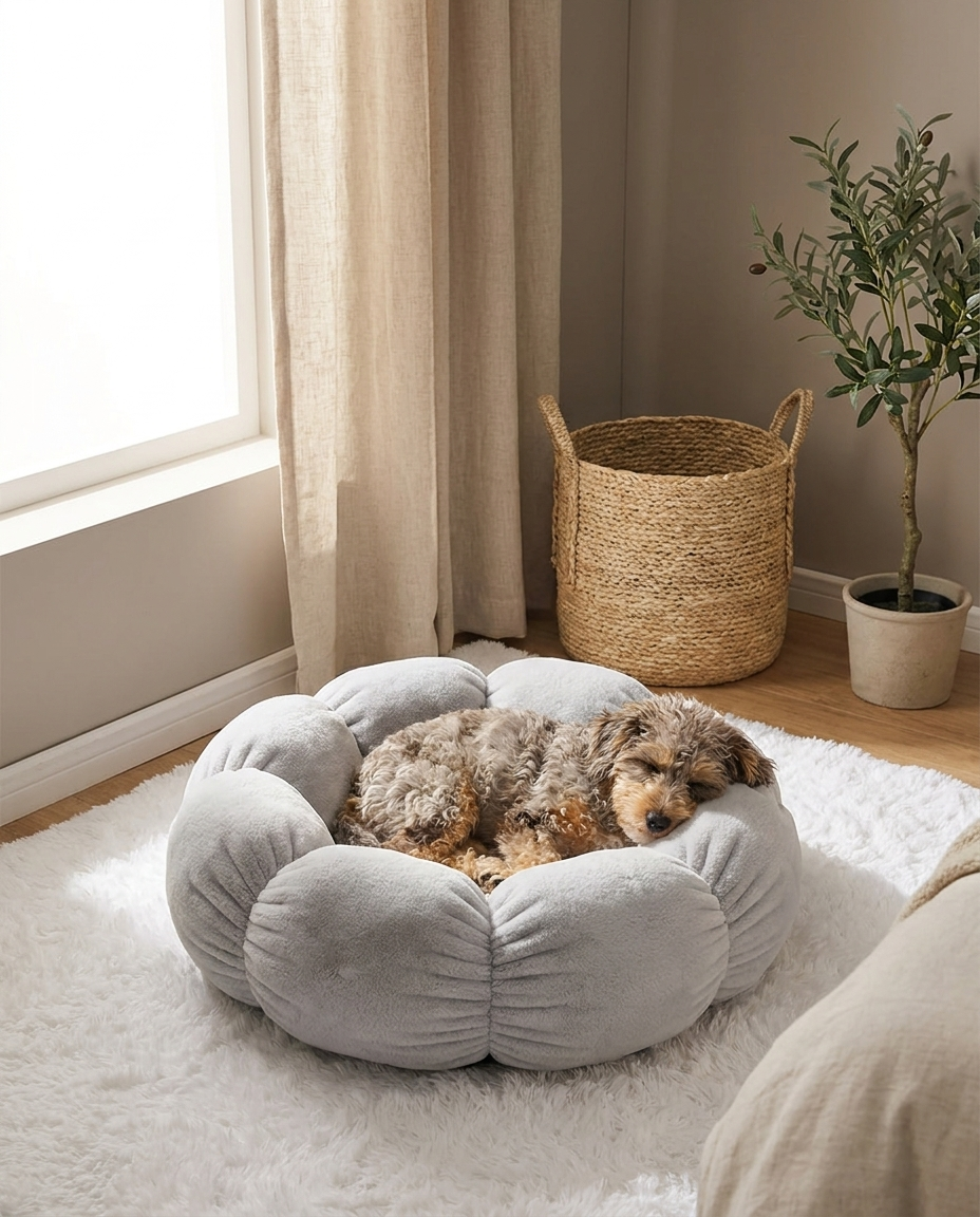 Small dog napping in a gray flower-shaped plush pet nest