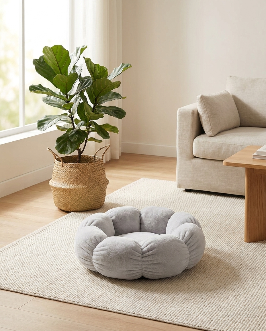 Gray flower-shaped pet nest styled on a rug in a modern living room