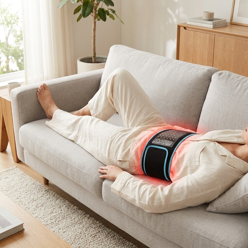 Person wearing the infrared therapy belt on their lower back