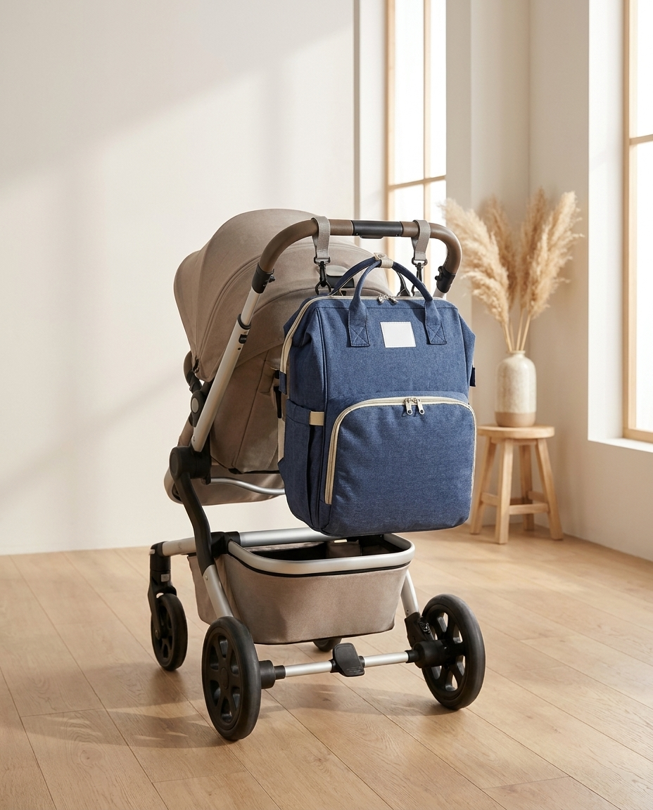 Diaper backpack hanging on a stroller handle