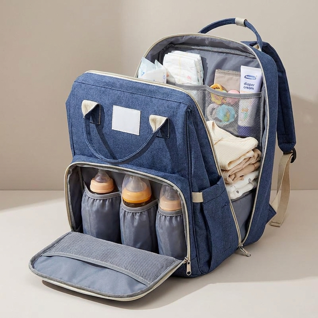 Open diaper backpack showing organized compartments and bottle pockets