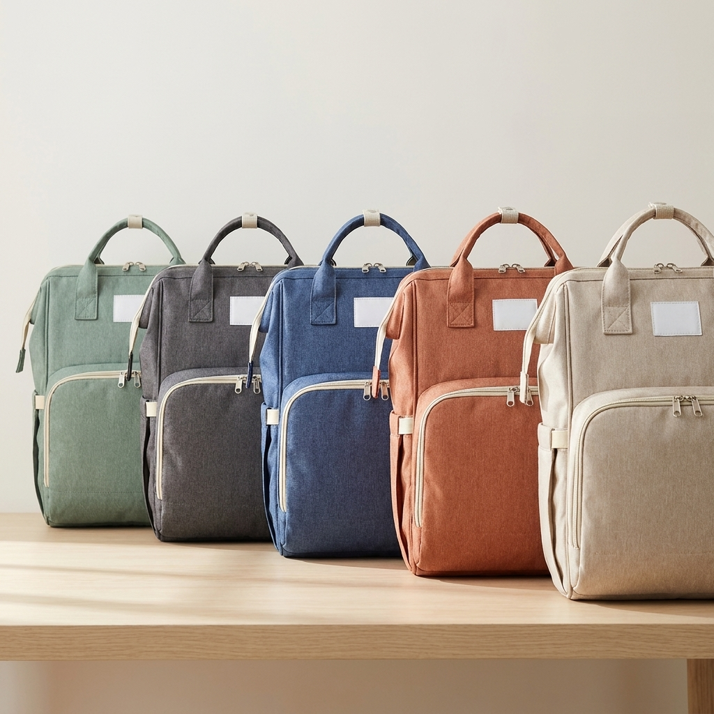 Diaper backpack shown in multiple color options