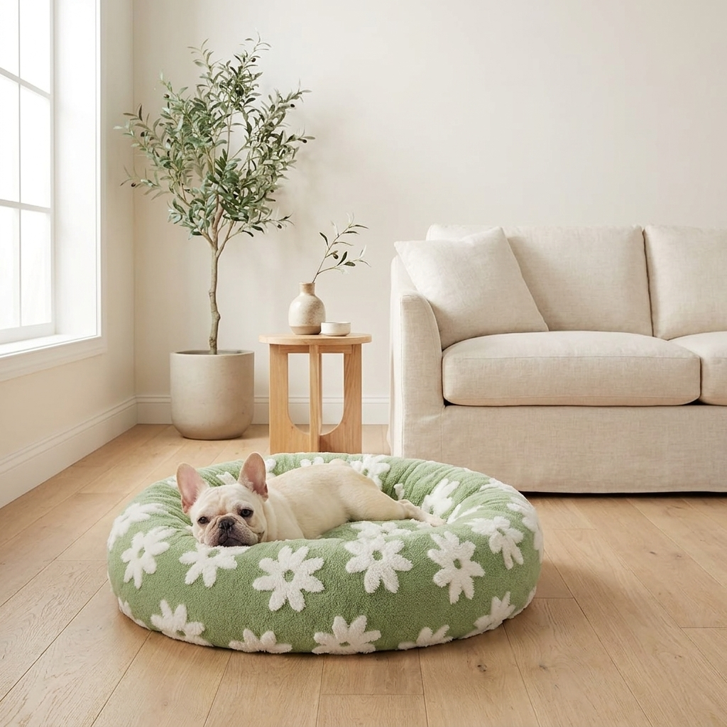 Small dog resting in a sage green daisy donut pet bed in a living room