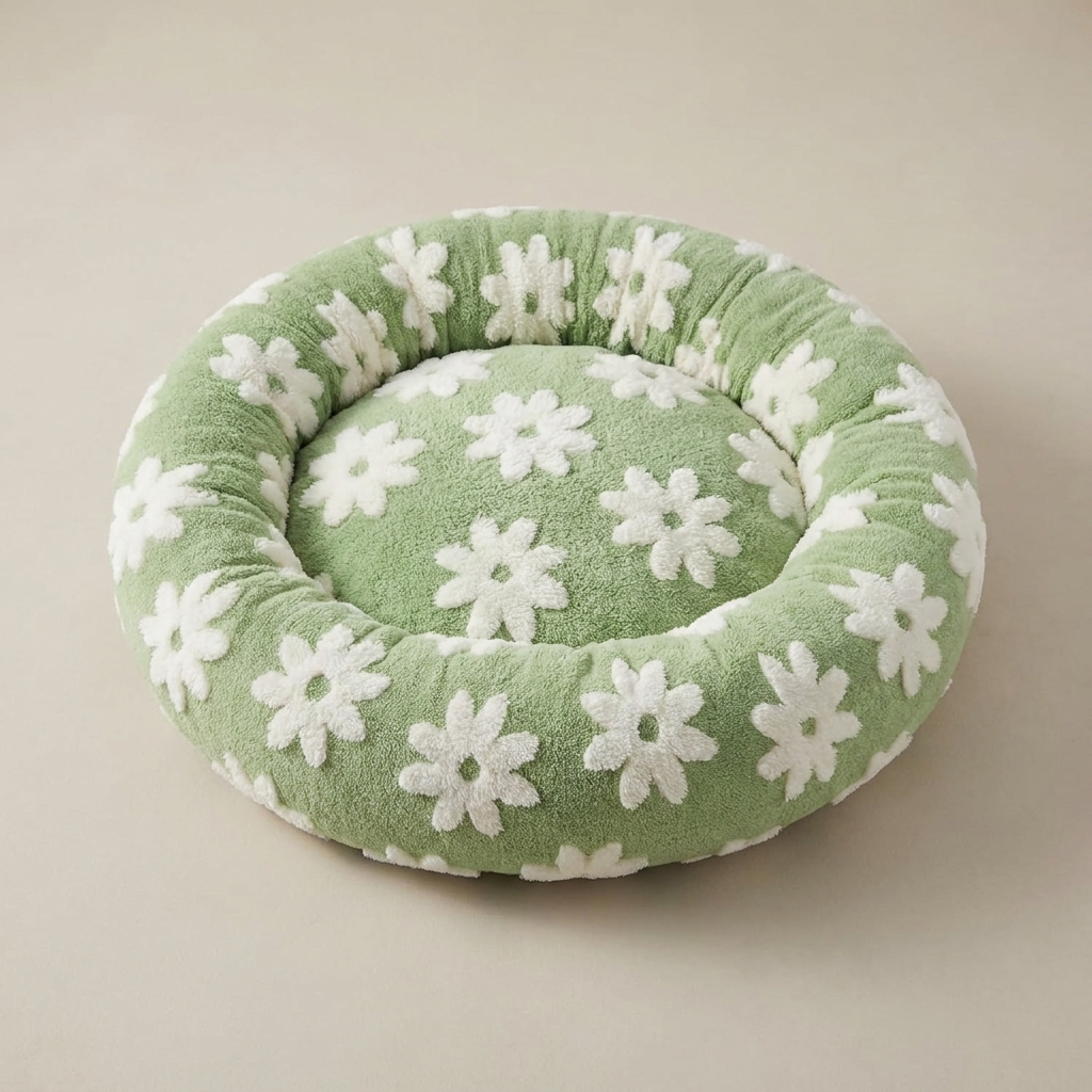 Top-down view of the bolster rim of the sage green donut pet bed