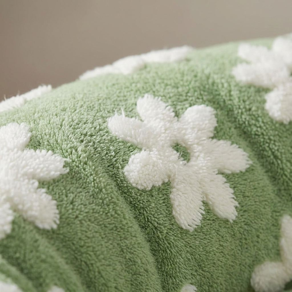 Close-up of the plush daisy flower fabric of the donut pet bed