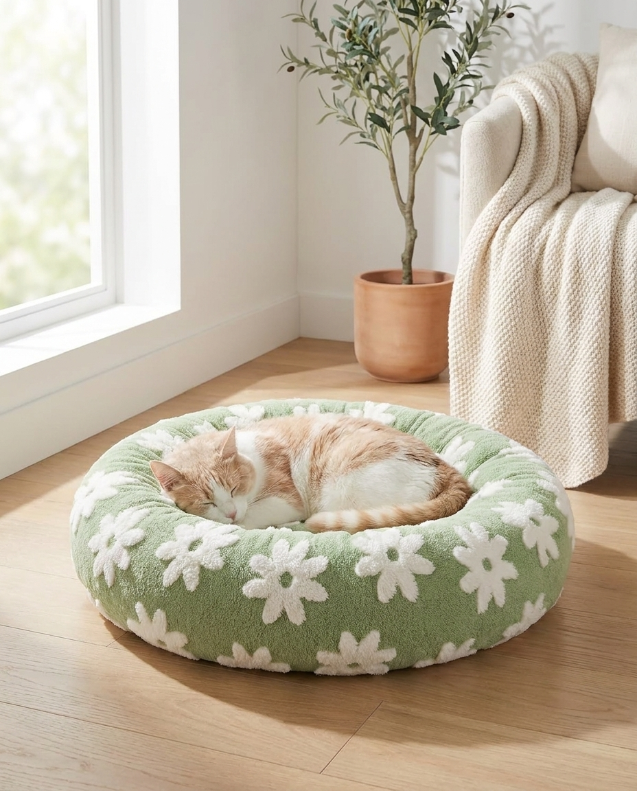 Cat curled up sleeping in a sage green daisy donut pet bed
