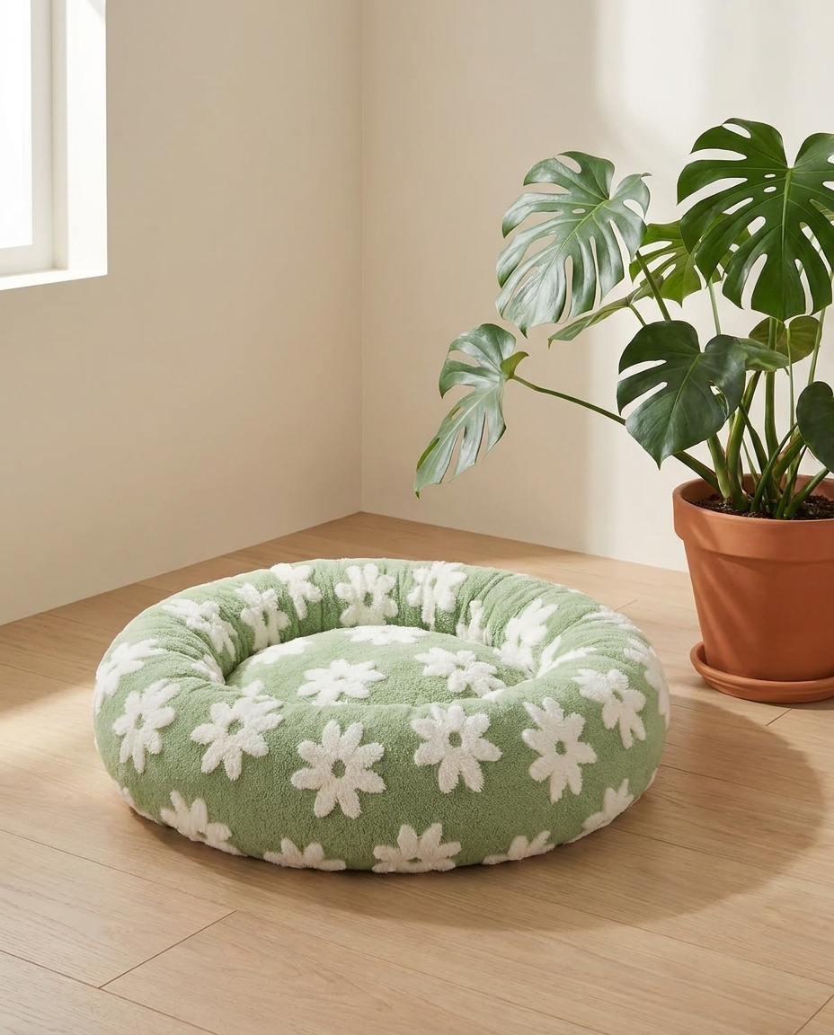 Sage green daisy donut pet bed styled on a wood floor by a plant