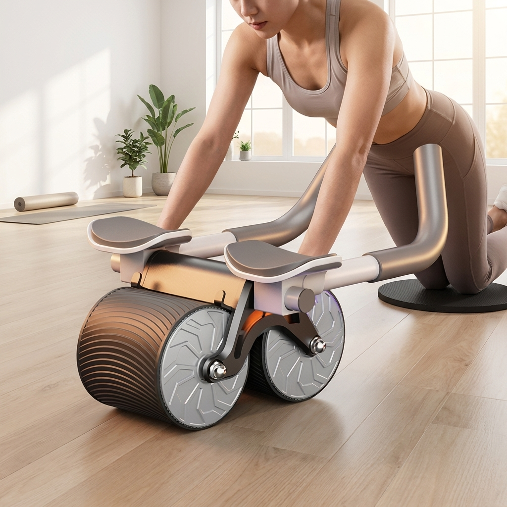Person using the ab roller wheel in a home gym