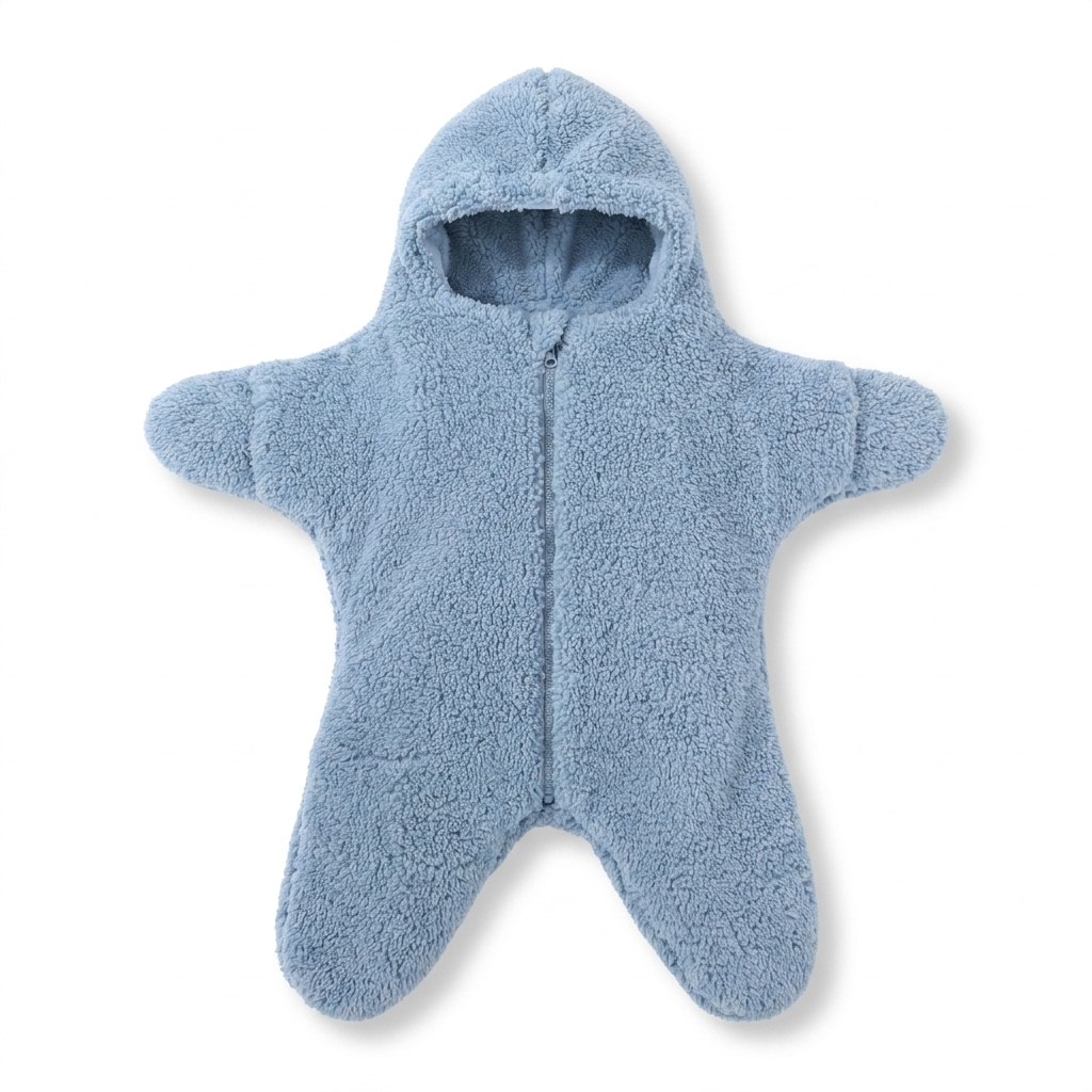 Fuzzy star-shaped baby swaddle sleep sack in blue